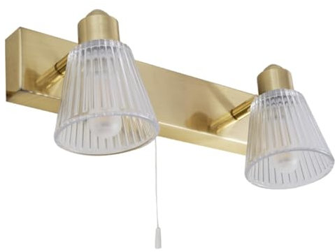 Satin Brass & Clear Ribbed Glass Bathroom Vintage 2 Lamp Switched Bar Wall Light | 28cm Wide | IP44 Rating | 2 x G9 Lamp Bulbs Required | 240V UK | Pull Cord Switch | Mirror Lighting