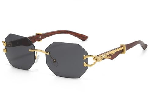Laurinny Retro Randlose Sonnenbrille Damen Herren Durchsichtige Linse Rechteckig Rahmenlose Sonnenbrille Polygon Square Rimless Sunglasses(Gold/Grau)