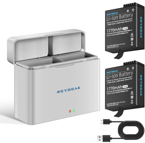 REYGEAK Batteria e caricabatterie per DJI Osmo Action 4/Action 3, confezione da 2 batterie con scatola di ricarica per batteria a 2 porte, batteria ricaricabile da 1770 mAh per accessori per