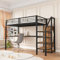 Dolamaní Hochbett Erwachsene 90x200 cm, mit Schreibtisch und Schrank und Regal-Treppe mit Handlauf, Metallbett Kleine quadratische Netzstreifen an den Seiten (Schwarz+Dunkle)