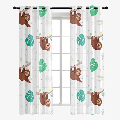 Odot Transparent Gardinen mit Ösen Schlaufen, Kinder Drucken Vorhänge Voile Sheer Vorhang Dekoschal Fensterschal Ösenvorhang für Wohnzimmer Fenster 2er Set (107x160cm,Faultier)