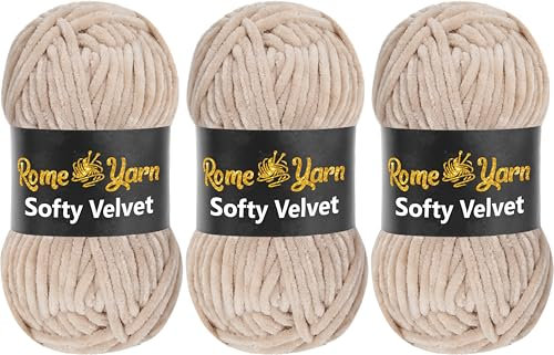 Rome Yarn Softy Velvet Wolle 100g - 120m | Samtgarn Chunky Chenillewolle Babywolle Amigurumi Super Bulky Garn zum Häkeln und Strickwolle (3 Knäuel, 943 Hellbeige)