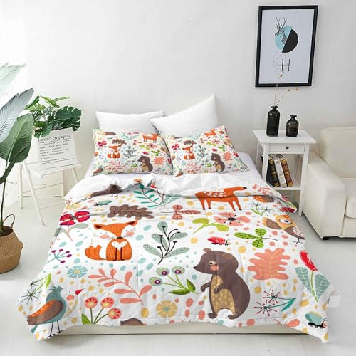 ANHOPE Safari Tier Bär Fuchs Eule Bettwäsche Set 2 Teilig Bettbezug 140x200 cm & Kissenbezug 65x65 cm Microfaser Bettbezüge Set mit Reißverschluss Bettdeckenbezug für Kinder Jungen Mädchen