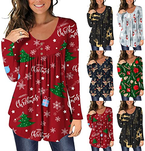 Ladies Christmas Jumper UK Clearance Womens Crewneck Funny Reindeer Print Sweatshirts Long Sleeve T-Shirts Xmas Graphic Shirts Tunic Tops Oversized Autumn Winter Fashion Blouse Streetwear