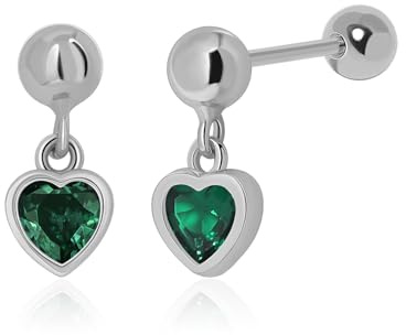 Meissa Boucles d'Oreilles Émeraude Verte pour Femmes Cœur Délicat Pierres de Naissance de Mai Diamant Vert Fermoir à Vis Boule, Argent