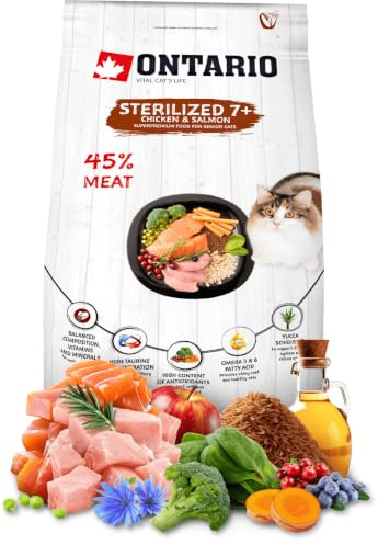 ONTARIO Trockenfutter für sterilisierte Katzen 7+ mit Huhn & Lachs, 2 kg | 43 % Fleisch, 36 % Protein, 12 % Fett mit L-Carnitin, Taurin 2000 mg/kg, getreidearm, weizenfrei, Preiselbeeren