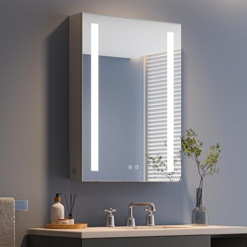 Dripex Bathroom Mirror Cabinet with LED Lights, 600 * 800mm Illuminated LED Bathroom Mirror Cabinet with Shaver Socket Dimmable Switch 3 Colors and Demister Pad-Grey