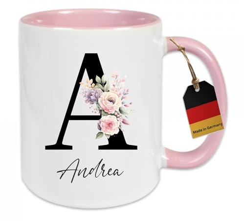 HD PRINT4YOU Personalisierte Tasse - Namens-Tasse mit Blumen Motiv - mit Ihrem Anfangsbuchstaben Tasse personalisiert - Geburtstag - Muttertag - beidseitig bedruckt - Geschenke für Frauen