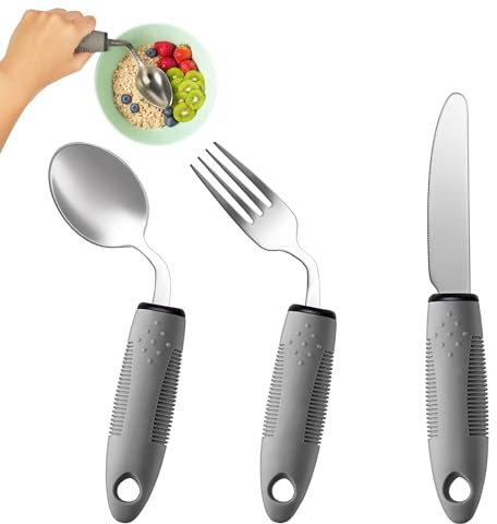 3-Piece Adaptive Utensils Set - 42° Angled Parkinsons Utensils, Weighted Utensils for Tremors and Parkinsons Patients, Easy Grip Weighted Silverware for Hand Tremors (Right-Handed)