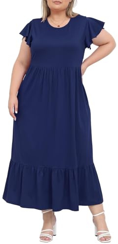 Moon Wood Estivo Vestito Lungo Donna Abito Lunghi Curvy Elegante Abito Casual Donna con Tasche Taglie Forti Blu Marino L