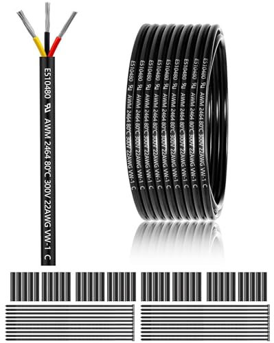 22 AWG 3×0.3mm² 3 Core 12V 24V Electrical Wire 100FT/30M, 22 Gauge 3 Conductor Wire Cable Stranded Tinned Copper PVC 22/3 Wires for LED Strips Lighting, Outdoor Cable, Automotive, CE Listed