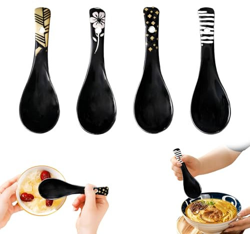 Cuchara de Sopa Asiática,Tianher 4 piezas Patrón Retro Cuchara Ramen Cuchara de Sopa China de Cerámica para Ramen Pho Wonton Dumplings Miso
