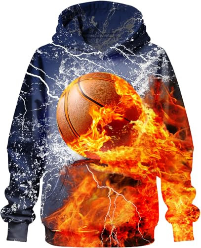 PADOLA Felpe con Cappuccio Bambini e Ragazzi Stampa 3D Maniche Lunghe Felpa con Tasche(7-8 Anni,Basketball)