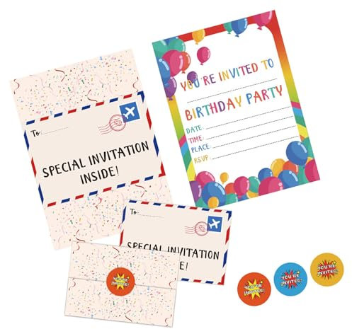 18 Stück Kindergeburtstags-Einladungen für Jungen und Mädchen, Geburtstagsparty-Einladungskarten mit Aufklebern, Partyzubehör