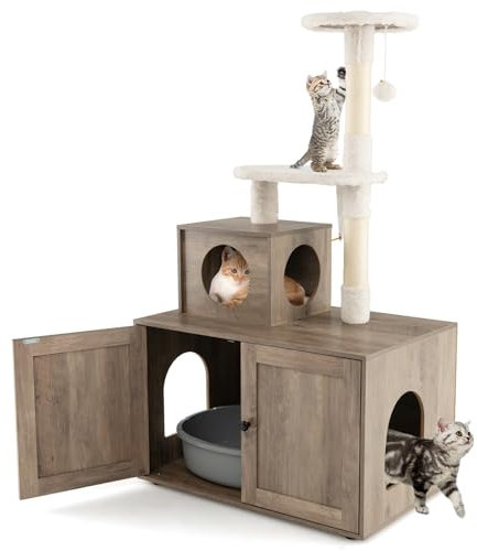 GYMAX 75cm Arbre à Chat et Meuble Cache Bac à Litière 2-en-1, Condo avec Coussin, Plateformes Rembourrées à Sauter, Griffoir en Sisal, Jouet Balle, avec Trous de Ventilation, Nettoyage Facile (Gris)