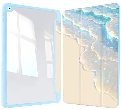 Vozehui 10.2 Zoll Blue Waves Hülle für iPad 9/8/7 Generation Hülle mit Durchsichtiger Rückenschale mit Bleistifthalter, Dreifach Gefaltete Standschutzhülle mit Auto Sleep Wake