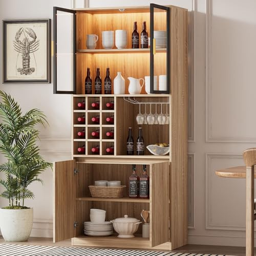 PUGSDRLY Meuble Cuisine,Buffet Cuisine,Vitrine en Verre avec LED Réglable,Casier à Bouteilles,Porte-Verres à Vin,Buffet Salon,Meuble Salon,Vaisselier pour Bar Salle à Manger(B)
