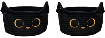 Halloween-Korb, schwarzer Katzen-Korb aus Baumwollseil, gewebt, für Katzenspielzeug, geeignet für Kinderzimmer, Spielzeug-Aufbewahrungsbox mit Ohren, kann Haustier-Mülleimer-Spielzeug platzieren (2er-