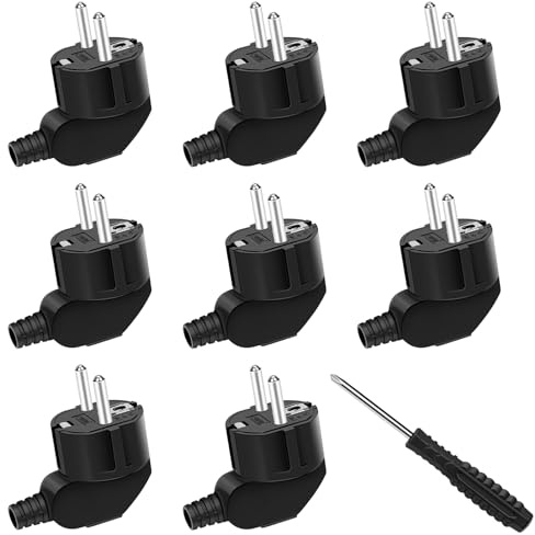 8PCS 250V 16A Prise Electrique Male et 1 Tournevis,Fiches Schuko,Prise Male Etanche Exterieur,Fiche Coudée Fiches Electrique de Mise à la Terre,Appareils Electroménagers aux Luminaires Prises (Nero 8)