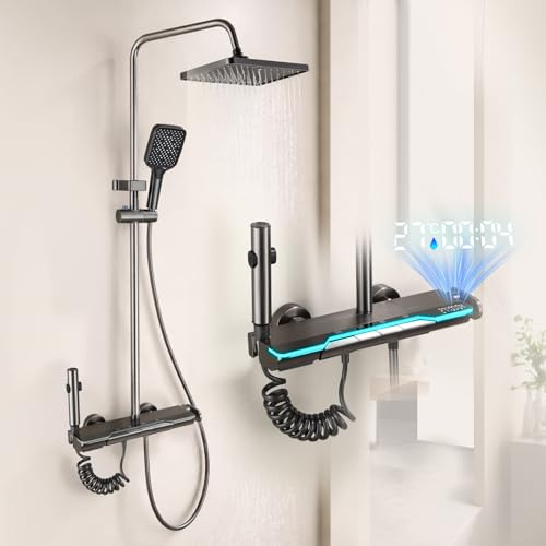 Umisu Colonne de Douche avec Affichage Numérique LED, Système de Douche 4 en 1, Réglable en Hauteur Intégrant une Douchette Hygiénique, Lumière d'ambiance Bleue