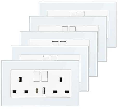 BSEED Double Switched Sockets with USB C and USB A Charging Ports, UK Standard Electric Power Sockets with Glass Panel, 2 Gang 13A Wall Socket, White, 5 Pack