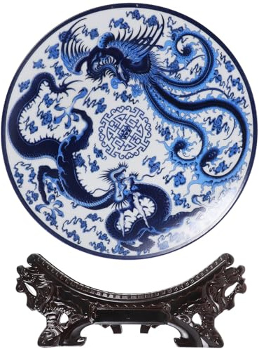 HOMSFOU Plato Decorativo de Porcelana Azul de 25 Cm Plato de Cerámica Chino Estilo Qinghua para Decoración de Mesa y Acento en Hogar con Diseño Tradicional Adecuado para Obsequio