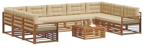 vidaXL Sofagarnituren 10 pcs Natur und Beige Massivholz Akazie, Moderner Garten-Sofa, Outdoor-Sitzgruppe, Lounge-Set für die Terrasse, bequem und robust