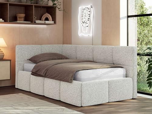 Jugendbett ARVO 90x200 cm mit Lattenrost und Bettkasten, Polsterbett mit gepolstertem Kopfteil und Gasdruckfedern, Eckbett mit Stauraum - mit Pocket-Matratze - Hellgrau Strukture - Linke Seite