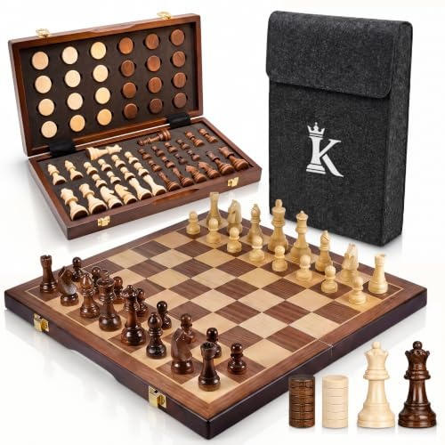 Kortelex Ajedrez Magnético de Madera Plegable – Tablero Ajedrez y Damas con Piezas Magnéticas, 2 Reinas Extra, Tablero Grande 39x39 cm, Regalo para Adultos y Niños