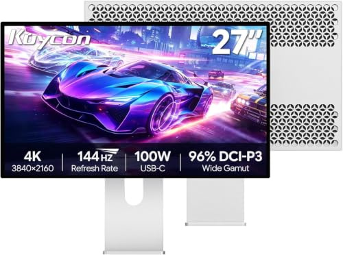 Kuycon P27D 27'' 4K Monitor, 144HZ, 3840x2160 Honeycomb con Soporte | Panel IPS, 99% sRGB, 500 cd/m² Brillo, USB-C 100W Carga, Altura Regulable – Pantalla para Gaming y Oficina