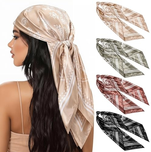 KU 90x90cm Großes Kopftuch für Damen aus Seide Satin Paisley- 4 Stück Set für Alltag Halstuch, Seidentuch, Bandana, Schal & Haarschmuck (beige)
