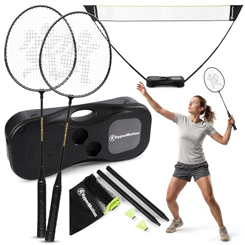 HyperMotion Badminton Set mit Netz und Schlägern, Teleskoppfosten und Transportkoffer, Stahl und Kunststoff, Netz 280×30 cm, Schläger 66×20 cm, Schwarz