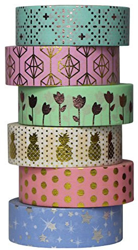 UOOOM 6 Rolle Washi Tape Set, 10m x 15mm, Schön Farbe Gold Kupfer Silber Foliendruck Muster Masking Tape Klebeband bunte Klebebänder DIY Scrapbooking Deko Basteln (Design 9061)