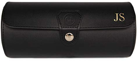 Case Elegance zylindrische Uhrenbox aus Vegan Leder in Schwarz für 3 Uhren (Monogrammiert Schwarz)
