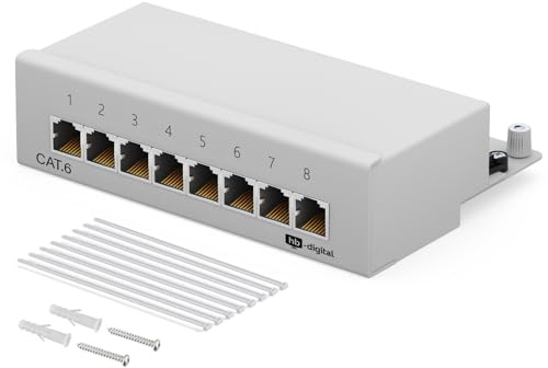 HB-DIGITAL 8-port CAT 6 LSA Patchpanel geschirmt Verteilerfeld Desktop & Wandmontage Patchfeld 8x RJ45 Buchsen für Netzwerk Ethernet LAN Kabel mit Erdungskabel - Hellgrau
