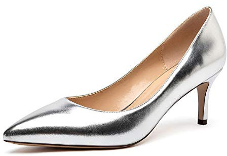 Castamere Damen Spitzen Zehen Stilettos Slip-On Mittel Heels Pumps 6.5CM Silber Pu Schuhe EU 39