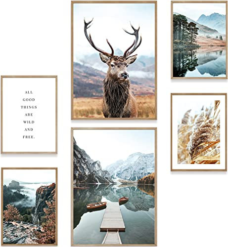 MUUDLY® Poster Set Natur – 6 moderne Wandbilder mit Hirsch & Pragser Wildsee (2×A3, 4×A4) – Stilvolle Bilder fürs Wohnzimmer, Schlafzimmer, Büro, Flur – Natürliche Deko ohne Rahmen