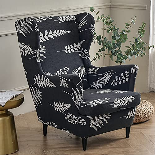 Highdi 2-Teilig Ohrensessel Bezug für Stradmon Stuhl, Stretch Sesselüberwürfe mit Modern Druck Elastisch mit Armlehne Sesselhusse für Ohrensessel, Relaxsessel, Fernsehsessel (Schwarze Blätter)