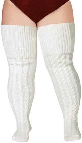 Moon Wood Overknees Strümpfe Damen Große Größen Woll Baumwolle Thigh High Socks Warm Extra Lange Oberschenkelhohe Socken mit Garter Weiß