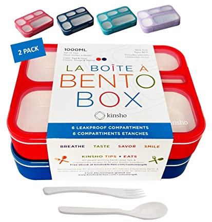 Bento Lunchbox für Kinder: auslaufsichere Lunchboxen, Snackbehälter für Jungen, Mädchen mit 6 Fächern,Schule, Kindertagesstätte, Mahlzeitenplanung, Portionsbehälter, Utensilien, Rot Marineblau Set