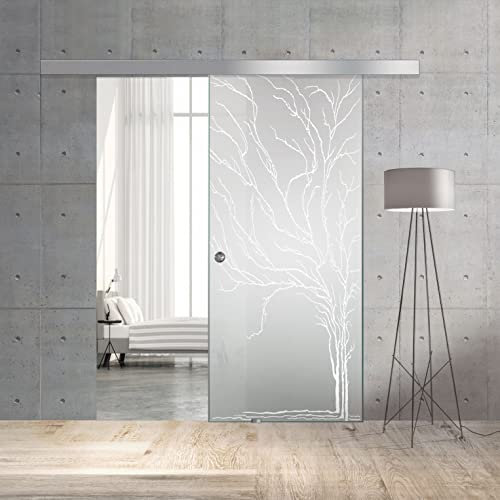 BOSS Porta Scorrevole in vetro modello TREE 80x215 cm (60/80/90 cm) 8 mm, vetro Satinato, Nano rivestito bianco, kit hardware complete (80x215 cm, DESTRA)