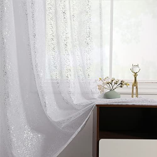 TERLYTEX Durchscheinende Vorhänge in Silber/Weiß, 274 cm lang, Metallic-Silberfolie, glitzernd, für Wohnzimmer, Stangendurchzug, Sichtschutz, 132 x 274 cm, 2 Schals, Silber/Weiß
