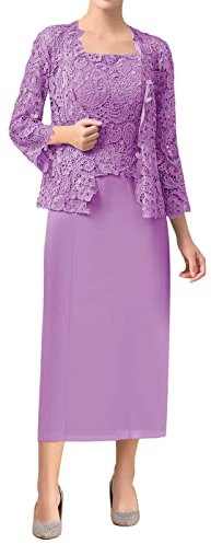 TANPAUL Spitzen Chiffon Brautmutterkleider mit Jacke Zweiteilig Langarm Festkleider Flieder 32