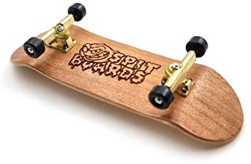 SPITBOARDS 32mm Fingerboard Complete Real Wood Set-Up (Pre-Assembled, 5-Layers), Trucks with Nuts, Bearing Wheels, Foam Grip Tape, (Deck: Light-Brown Wood, Trucks: Gold, Wheels: Black)