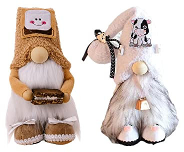 Super Idee süßer Wichtel mit Schokoladenkekse und Kuh Figuren Süßer Zwerg Wichtel Figuren Geschenk für Frauen Mama Oma Hochzeitstag Freundin Ehefrau Dankeschön Maße 27 x 7 x 13 cm (Khaki + Weiß)