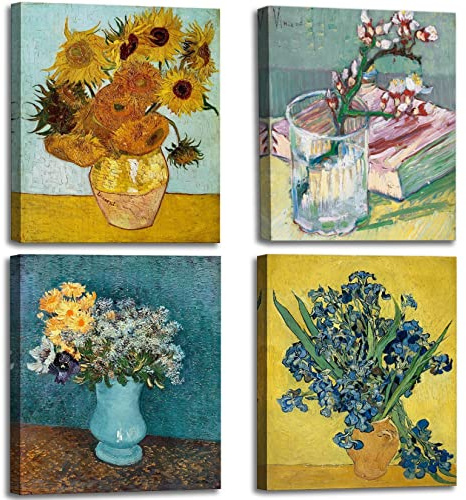 dgbtcart Sonnenblumen-Irises-Blumenvase von Vincent Van Gogh, Leinwand-Wandkunst, klassische Gemälde, Reproduktionsdrucke, Blumen-Kunstwerk, Poster für Heimdekoration, 27,9 x 35,6 cm, 4 Stück