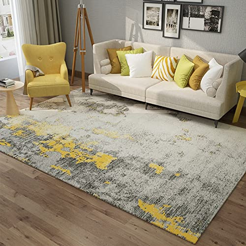 Rug-QJDDUP Kurzflor Teppich,Gelb Grau Abstrakt Modern Design, Yellow, 160 x 220 cm, Teppiche extra weich fürs Wohnzimmer, Schlafzimmer, Esszimmer oder Kinderzimmer