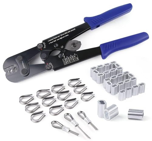 Yangoutool Wire Rope Crimping Tool Kit 1/8 inch/3mm for Steel Cable Swaging Cutting With 100 Ferrule Aluminum Oval Double Barrel Sleeves and 50 Loop Thimbles for Fence Rigging Lifting and Fishing