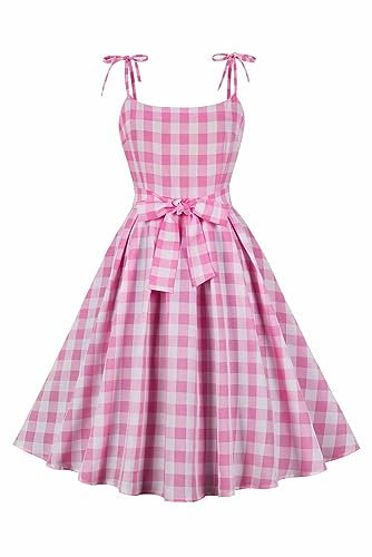 Lixinya Rosa a scacchi con coulisse alta Yailled abito medio lungo stile inglese retrò spiaggia vacanza donna, Rosa 3, S