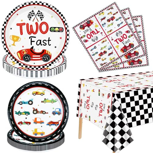 61Pcs Two Fast Race Car 2nd Birthday Party Decorations - Plates, Napkins, Tablecloth for Boys Kids' Two Year Old Party Race Car Birthday Supplies, Serves 20 Guest